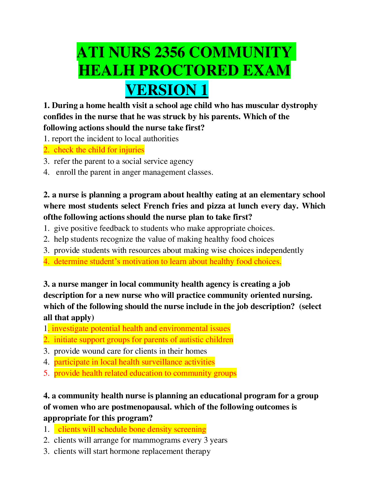 Preview of ATI NURS 2356 COMMUNITY HEALH PROCTORED EXAM QUESTIONS AND ASNWERS INCLUSIVE OF VERSIONS 1